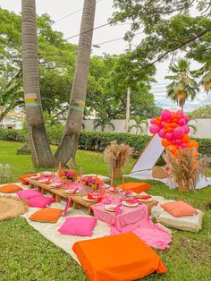 an outdoor picnic setting with pink and orange pillows on the ground, palm trees in the background