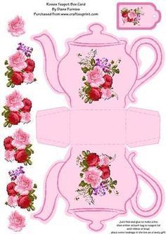 a pink teapot with flowers on it and some other items to cut out from the paper