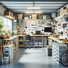 an organized garage with lots of work space