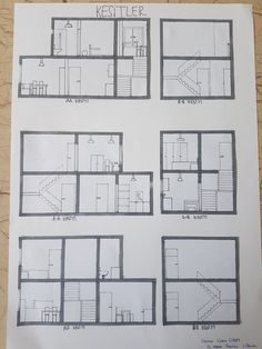 the floor plan for an apartment building is shown in black and white, as well as drawings