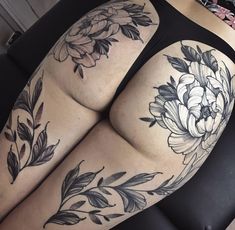 Illustrative Flower Tattoo, Under Bum Tattoo, Buttocks Tattoo, Thigh And Bum Tattoo Women, Full Buttcheek Tattoo Women, Large Floral Tattoo, Sternum Tattoo Plus Size Women, Women Stomach Tattoos, Thigh Tattoos Women Plus Size