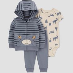 Baby boy is cozy and stylish in this Fall look by Carter's Just One You. This 3-piece cardigan set has everything your handsome boy needs for the changing season - a hooded cardigan, one short-sleeve bodysuit and matching pants. This 3-piece baby boy outfit has the sweetest moose print and animal ears on the cardigan hood! He’s ready for park playdates, birthday parties, and everything in between. This 3-piece cardigan set is Standard 100 by OEKO-TEX, so it's certified clean for your little one. Baby Boy Stuff, Boy Baby Clothes, Moose Print, Baby Clothes Boy, Baby Boy Clothing, Newborn Boy Clothes, Cardigan Set, Baby Hoodie