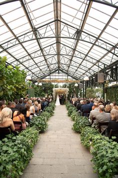 a wedding ceremony in a greenhouse with lots of greenery and people sitting on chairs