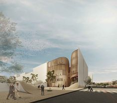 an artist's rendering of the exterior of a building with people walking around it