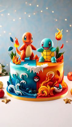 a cake decorated with pokemon figurines and decorations