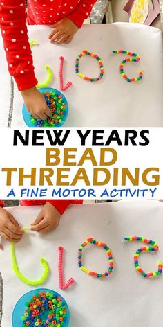 a young child is playing with beads and letters on a sheet of paper that reads new years bead threading