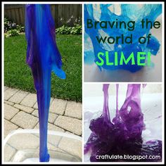 some blue and purple slime are in the yard with text that reads, braving the world of slime