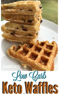 some waffles are stacked on top of each other with the words low carb keto waffles