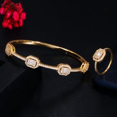 Rose Gold Plated Jewelry Sets For Wedding, Rose Gold Cubic Zirconia Jewelry For Marriage, Gold Hand Set Rings For Party, Adjustable Gold Bridal Set For Formal Occasions, Adjustable Cubic Zirconia Wedding Bangle, Adjustable Wedding Bangle In Cubic Zirconia, Elegant Rose Gold Bangle For Wedding, Elegant Rose Gold Wedding Bangle, Gold Luxury Bangle For Party