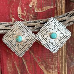 Large Concho Square  Earrings with Turquoise - T1434X - BLAIR'S Western Wear located in Marble Falls TX Concho Earrings, Marble Falls, Turquoise Boho, Silver Turquoise, Turquoise Stone, Western Wear, Stone Color, Marble, Turquoise