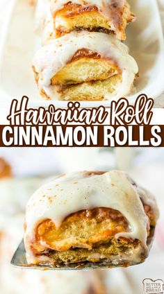 cinnamon roll with icing on top is being held up by a spatula and the words, harriin roll cinnamon rolls