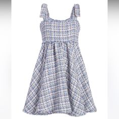 Our Beautiful Babydoll Drea Dress Is Perfect For A Day Out With The Girls Or Brunch To Start The Day In Style! Scoop Neckline Lined Fit And Flare Silhouette Mini Length Sleeveless 100% Polyester Dry Clean Only Imported Blue Multi Size 8 New With Tags!! Blue Mini Tweed Dress For Spring, Sleeveless Blue Tweed Dress For Spring, Blue Sleeveless Tweed Dress For Spring, Chic Blue Tweed Summer Dress, Casual Tweed Dress For Spring, Casual Summer Tweed Dresses, Summer Casual Tweed Dresses, Pewter Dress, Khaleesi Dress