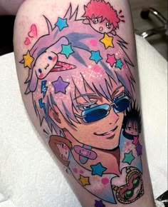 a person with a tattoo on their leg that has stars and an anime character in the background