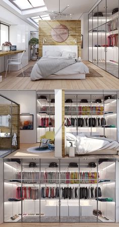 there are many shelves with clothes on them in this room and the bed is made up