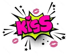 the word kiss written in pink and yellow on a white background with stars around it