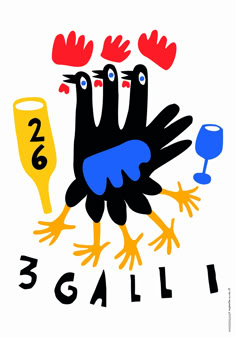 an image of a bird with glasses in it's beaks and the words 3 galli written below