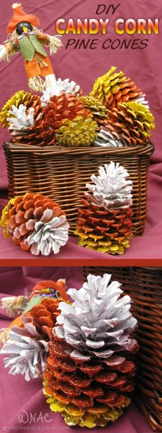 a basket filled with pine cones sitting on top of a table