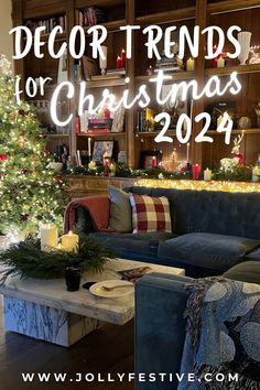 a living room filled with furniture and a christmas tree in front of a book shelf