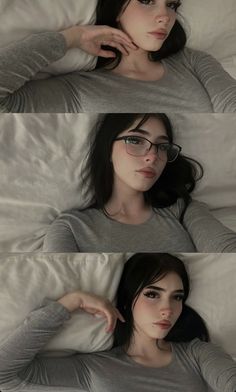 three photos of a woman with glasses laying in bed