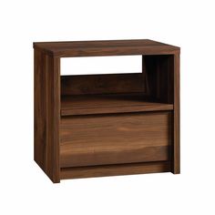 a wooden shelf with two drawers on one side and an open drawer on the other