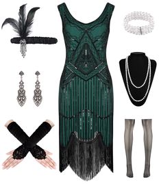 PRICES MAY VARY. Package Included-1 x sequin sleeveless flapper dress, 1 x long satin gloves,1 xfeather headband, 1 x pearl necklace, 1 x earrings, 1 x pearl bracelet, 1 x fishnet stockings. Vintage Elegant Glam-The flapper dresses 1920s made of polyester fabric and soft fringe, delicate bead and sparkling sequins design, the enchanting dresses that feature a seductive V-neckline and a daring backless design, adding a touch of feminine allure to 20s outfit. Inspired by the flapper style, these d Fitted Flapper Dress For Costume Party And Holiday, Fitted Flapper Dress For Holiday, Roaring 20s Accessories, Flapper Dresses 1920s, 20s Accessories, Long Satin Gloves, 20s Outfit, Beaded Fringe Dress, Fringed Dress