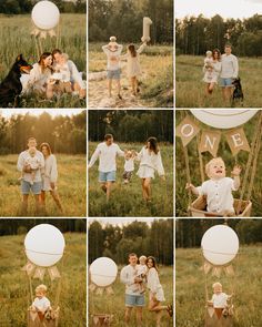 a collage of photos showing people and their dogs in the grass with balloons attached to them