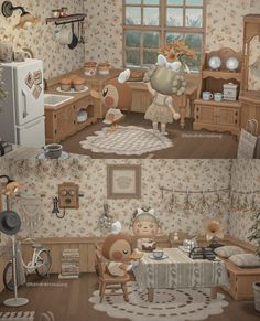 an image of a kitchen scene with teddy bears and other things on the table in it