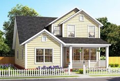 this is a computerized rendering of a small house with porches and white picket fence