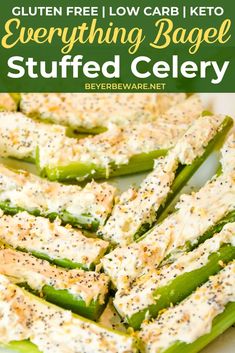 grilled asparagus with cream cheese on top and text overlay that reads gluten free low carb keto everything bagel stuffed celer