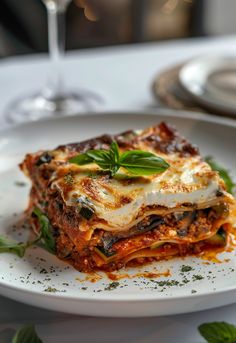 a white plate topped with lasagna covered in sauce and herbs next to a glass of wine