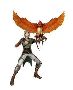 a man holding an orange bird on his right hand and wearing armor with wings outstretched