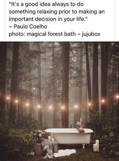 a bath tub sitting in the middle of a forest with fairy lights hanging from it