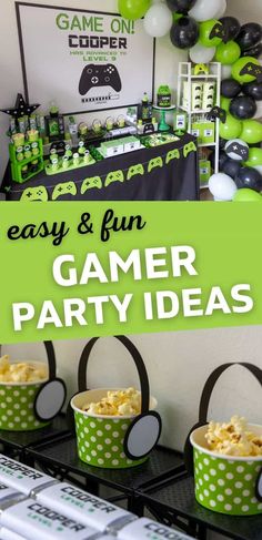 an easy and fun game party idea with popcorn buckets, black and green balloons