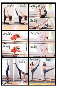 a woman doing yoga poses with her arms and legs in different positions, including the words