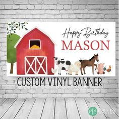 a happy birthday banner featuring farm animals and a barn with the words happy birthday mason on it