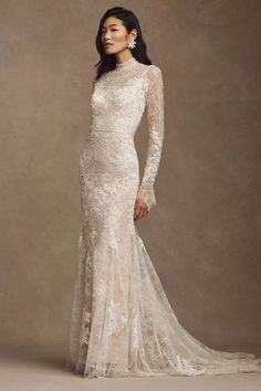 Watters Frances High-Neck Lace Sheath Wedding Gown | Anthropologie Watters Frances High-neck Lace Sheath Wedding Gown, Lace Wedding Dress High Neck, Full Lace Wedding Dress, Wedding Dress High Neck, Sheath Wedding Gown, High Neck Wedding Dress, Dress High Neck, Sheath Wedding, Lace Wedding Dress