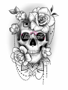 a skull with roses on it and the words tattoo art written in black ink above it