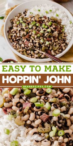 Grab some black eyed peas for this main course idea! Complete with bacon, this bowl of rice and beans is such a family-friendly dinner. So delicious! Save this easy Hoppin' John recipe and try it! Peas Bacon, Hoppin John Recipe, Chicken Stock Recipe, Hoppin John, Weeknight Dinner Recipes Easy