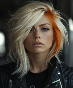 Bold Asymmetrical Bob with Fall Hair Colors Copper Blonde: Modern Flair. Halloween Hair Blonde, 90s Hair Color Trends, Blonde With Peekaboo Color, Short Two Toned Hair, Edgy Blonde Hair Grunge, Orange And Blonde Hair, Gingerbread Blonde, Hair Colors For Fall, Fall Hair Colors Copper