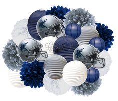 some football helmets and pom poms are arranged in the shape of snowflakes