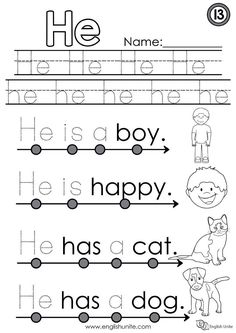 the worksheet for letter h is for boy and his cat has a dog