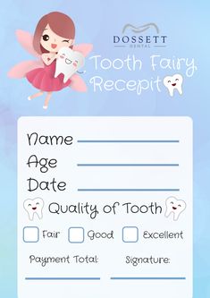 a tooth fairy receipt is shown on a blue background with the words name age date quality of tooth