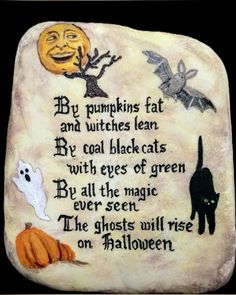 a rock with some writing on it that says, my pumpkins eat and witches learn