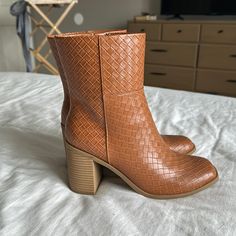 Never Worn, Brand New Booties From Target. Size 9. Fall Booties With Block Heel In Synthetic Material, Fall Synthetic Booties With Block Heel, Brown Synthetic Booties For Spring, Spring Brown Faux Leather Booties, Universal Thread, Bootie Boots, Ankle Boots, Target, Thread