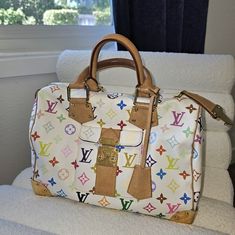 Authentic Louis Vuitton White Multicolor Speedy, Used And Still In Excellent Condition, Long Life Left. Price To Sell Louis Vuitton Multicolor, White Louis Vuitton, Authentic Louis Vuitton, Louis Vuitton Bag, Satchel, Bag Lady, Louis Vuitton, Things To Sell, Color