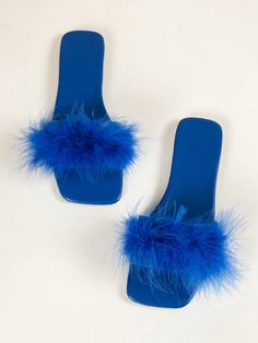 Women's Square Toe Flat Sandals With Feather Decor, Fashionable Slip-On Slides For Party And Dress Pairing, Summer Blue Glamorous        Women Shoes, size features are:Bust: ,Length: ,Sleeve Length: Teen Shoes, Feather Fashion, Blue Slippers, Summer Sandals Flat, Feather Decor, Shoes Teen, Fashion Slippers, Summer Flats, Summer Blue