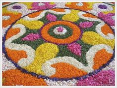 an image of a colorful flower design in the middle of carpeted area with white, orange and pink flowers