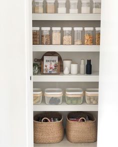 an organized pantry with baskets and food items