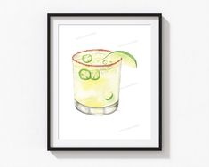 a watercolor painting of a drink with limes and an orange slice on the rim