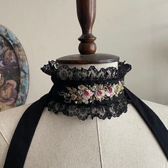 Embroidered Necklace Elegant Embroidered Festival Jewelry, Elegant Embroidered Jewelry For Festival, Vintage Beaded Choker As Gift, Vintage Beaded Choker As A Gift, Vintage Beaded Choker Gift, Vintage Embroidered Jewelry, Vintage Beaded Choker For Party, Bohemian Black Embroidered Jewelry, Black Embroidered Bohemian Jewelry